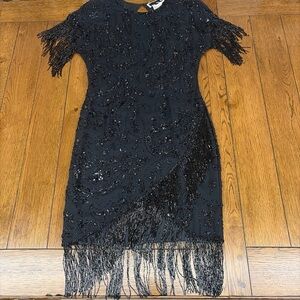 VTG Sequins Beaded Silk Cocktail Dress Black Fringe Flapper Gatsby Size 4 Read